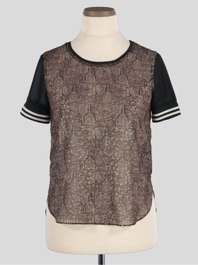 Scotch & Soda Metallic Brown Patterned Short-Sleeve Top with Black Sleeves
